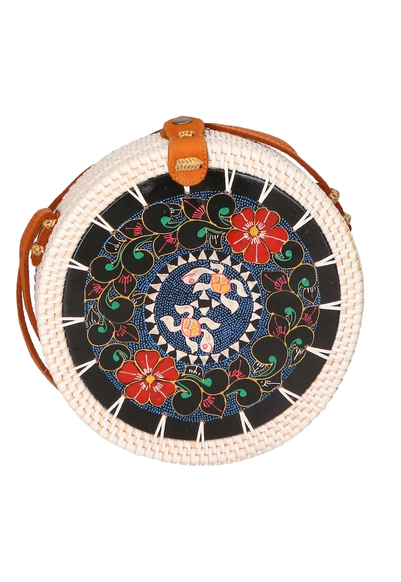 Geanta crossbody din paie, Alb fildes/Negru