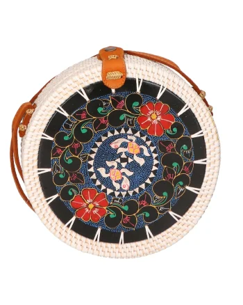 Geanta crossbody din paie, Alb fildes/Negru