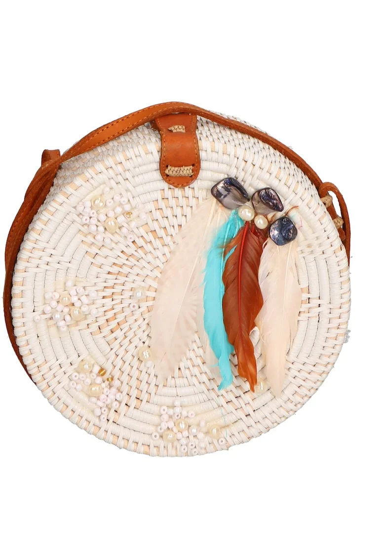 Geanta crossbody din paie, Alb fildes/Turcoaz/Maro scortisoara