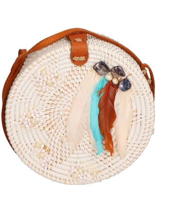 Geanta crossbody din paie, Alb fildes/Turcoaz/Maro scortisoara