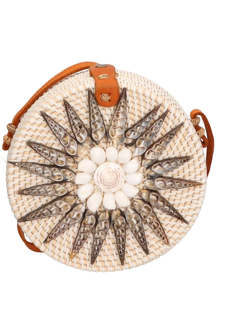 Geanta crossbody din paie, Maro scortisoara/Alb murdar