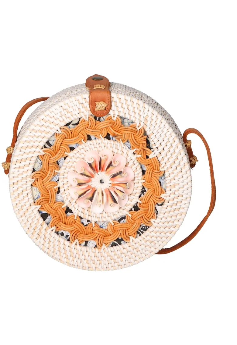 Geanta crossbody din paie, Alb fildes/Negru/Caramel