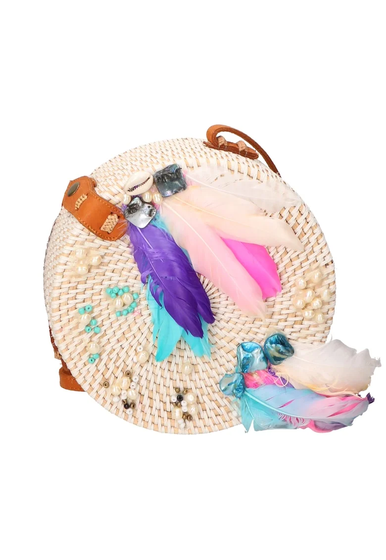 Geanta crossbody din paie, Alb fildes/Turcoaz