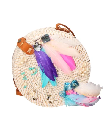 Geanta crossbody din paie, Alb fildes/Turcoaz