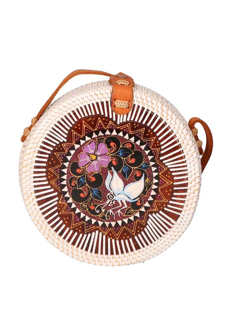 Geanta crossbody din paie, Maro inchis/Alb fildes