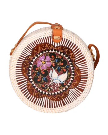 Geanta crossbody din paie, Maro inchis/Alb fildes
