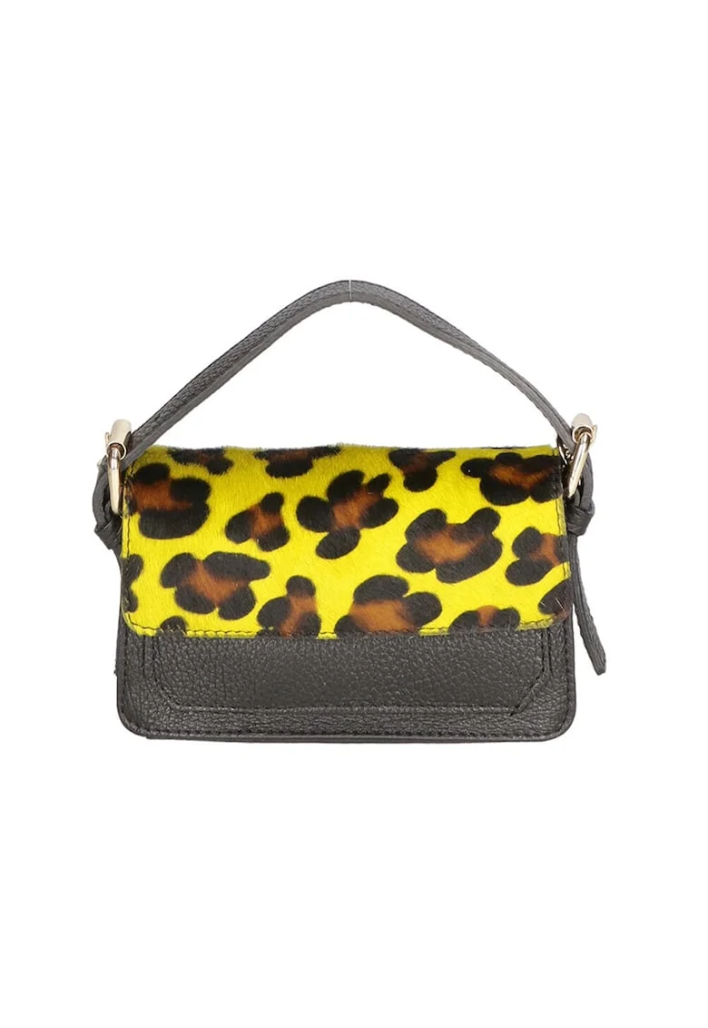 Geanta crossbody de piele si piele cu par scurt, Negru/Galben pai