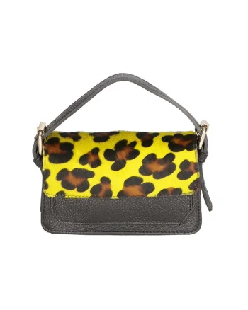 Geanta crossbody de piele si piele cu par scurt, Negru/Galben pai