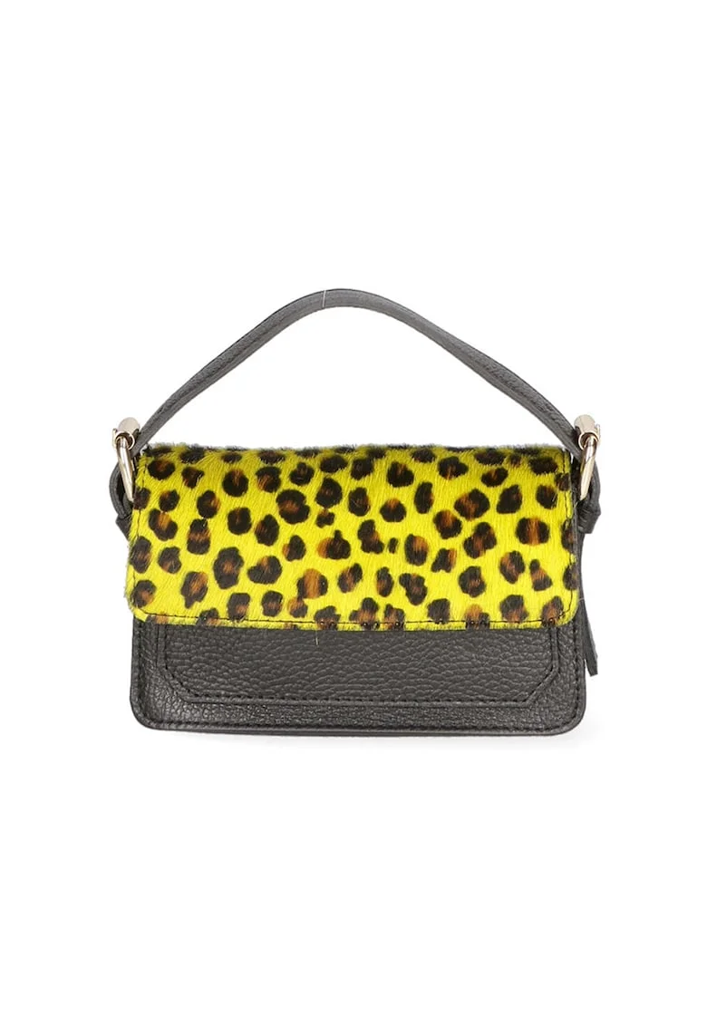 Geanta crossbody de piele si piele cu par scurt, Maro/Galben/Negru stins