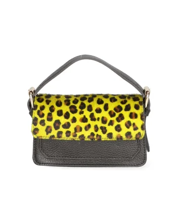 Geanta crossbody de piele si piele cu par scurt, Maro/Galben/Negru stins