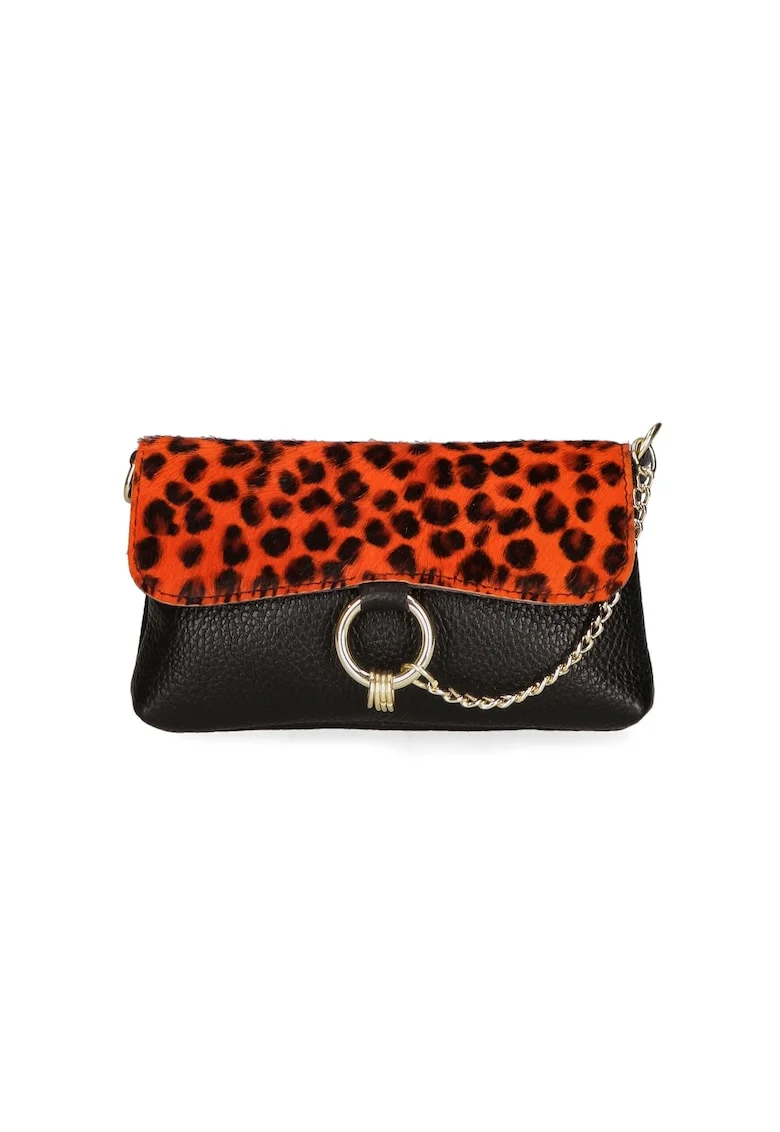 Geanta crossbody de piele cu model si lant decorativ, Negru/Portocaliu mandarina