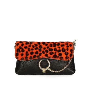 Geanta crossbody de piele cu model si lant decorativ, Negru/Portocaliu mandarina