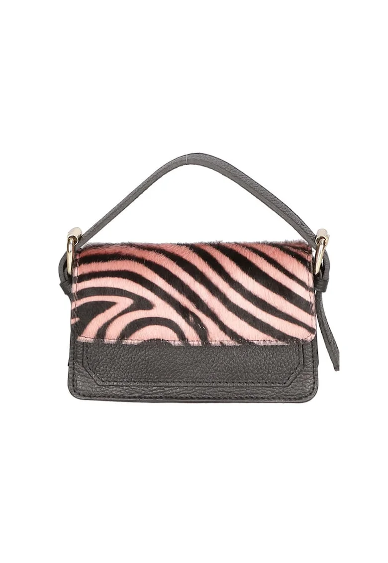 Geanta crossbody de piele si piele cu par scurt, Negru/Roz
