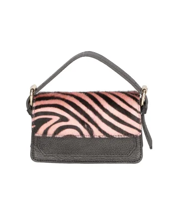 Geanta crossbody de piele si piele cu par scurt, Negru/Roz