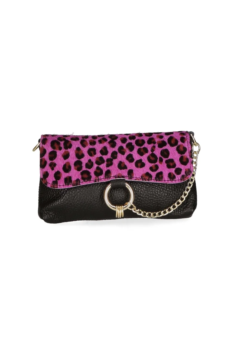 Geanta crossbody de piele cu model si lant decorativ, Negru/Maro/Fucsia