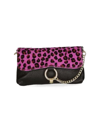 Geanta crossbody de piele cu model si lant decorativ, Negru/Maro/Fucsia