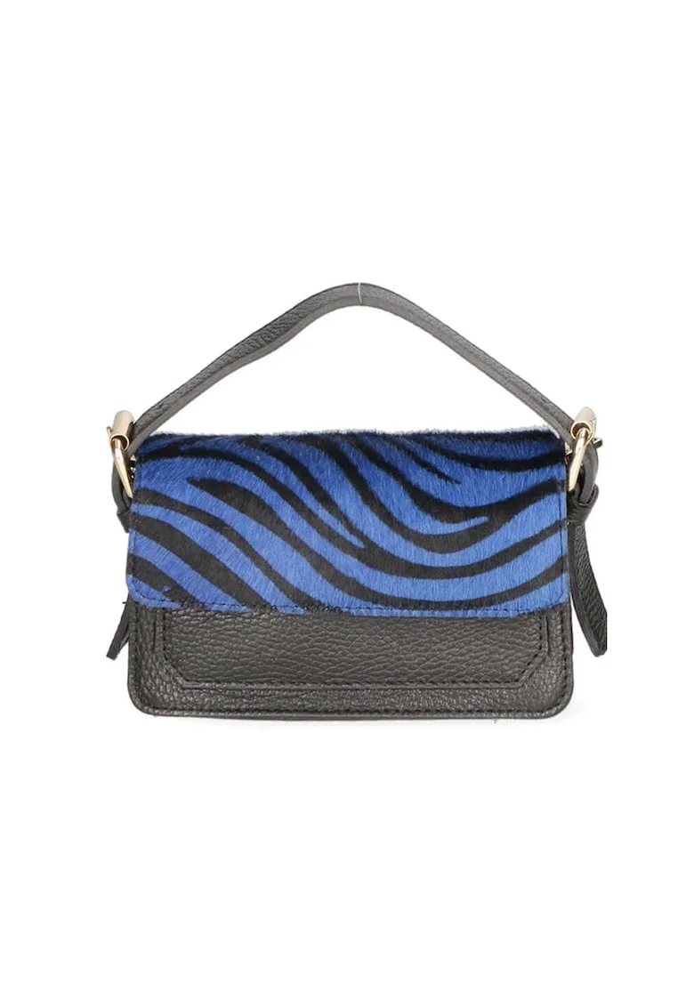 Geanta crossbody de piele si piele cu par scurt, Negru/Albastru
