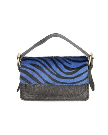 Geanta crossbody de piele si piele cu par scurt, Negru/Albastru