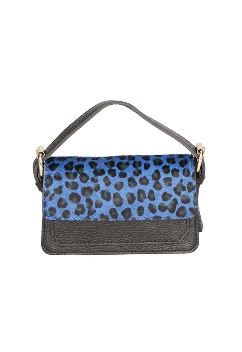 Geanta crossbody de piele si piele cu par scurt, Negru stins/Albastru
