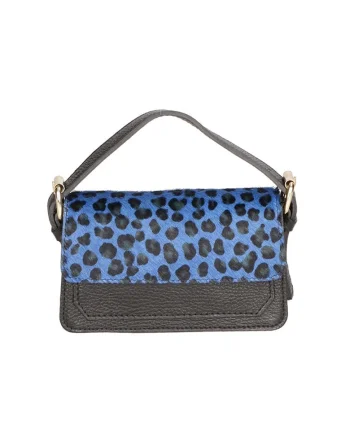 Geanta crossbody de piele si piele cu par scurt, Negru stins/Albastru