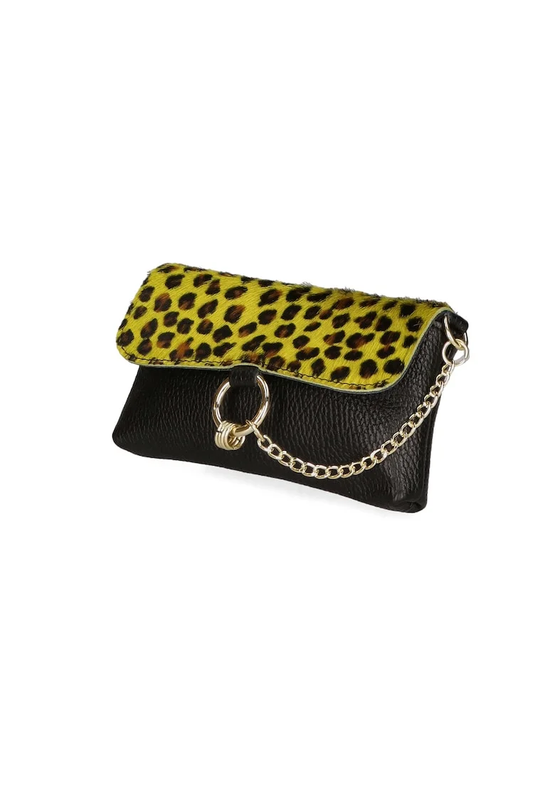 Geanta crossbody de piele cu model si lant decorativ, Maro/Galben