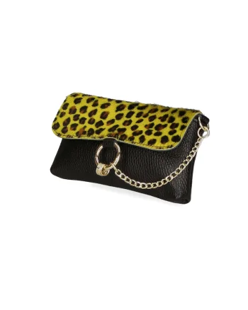 Geanta crossbody de piele cu model si lant decorativ, Maro/Galben
