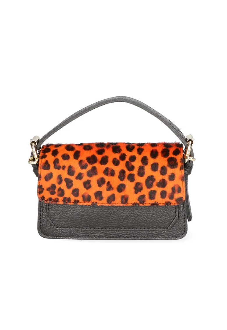 Geanta crossbody de piele si piele cu par scurt, Portocaliu mandarina/Gri antracit