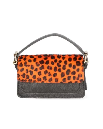 Geanta crossbody de piele si piele cu par scurt, Portocaliu mandarina/Gri antracit
