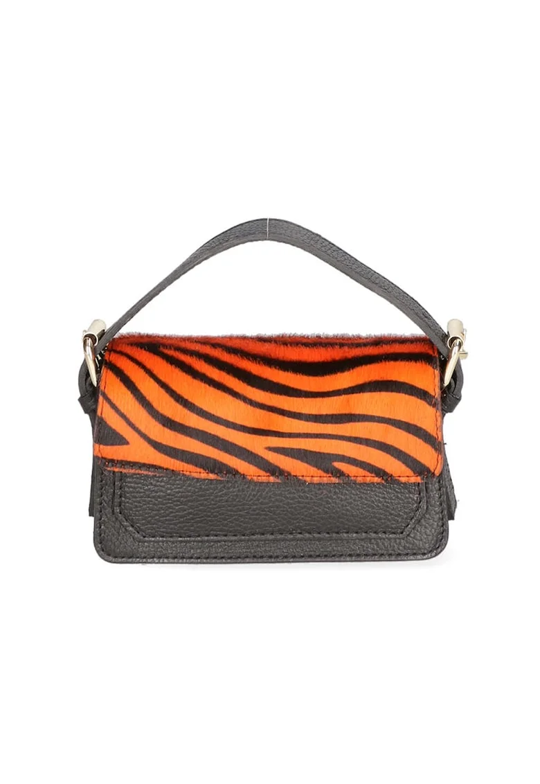 Geanta crossbody de piele si piele cu par scurt, Portocaliu/Negru stins
