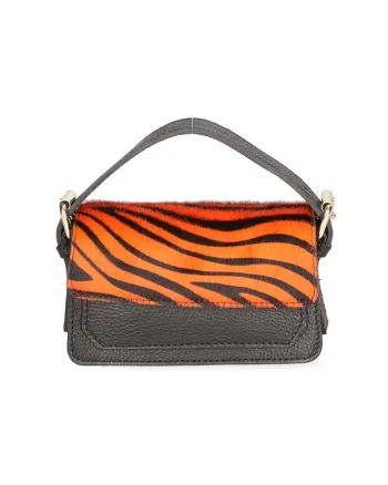 Geanta crossbody de piele si piele cu par scurt, Portocaliu/Negru stins