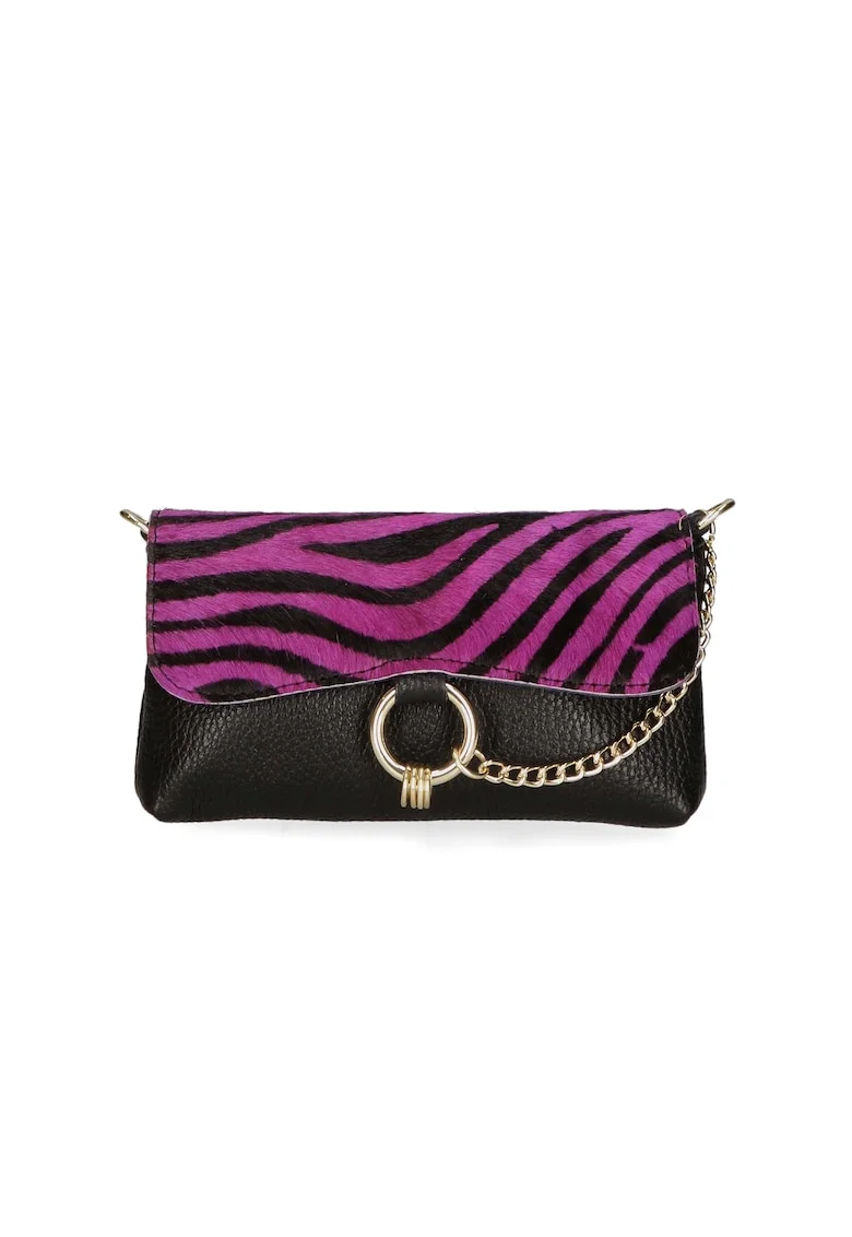 Geanta crossbody de piele cu model si lant decorativ, Negru/Fucsia