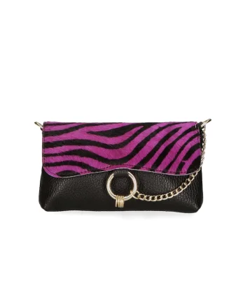 Geanta crossbody de piele cu model si lant decorativ, Negru/Fucsia