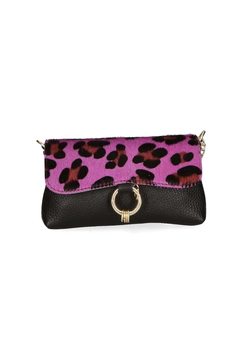Geanta crossbody de piele cu model si lant decorativ, Maro/Fucsia