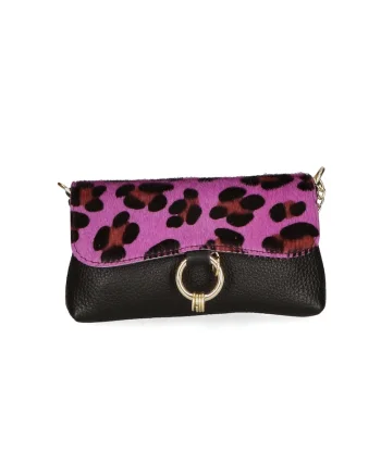 Geanta crossbody de piele cu model si lant decorativ, Maro/Fucsia