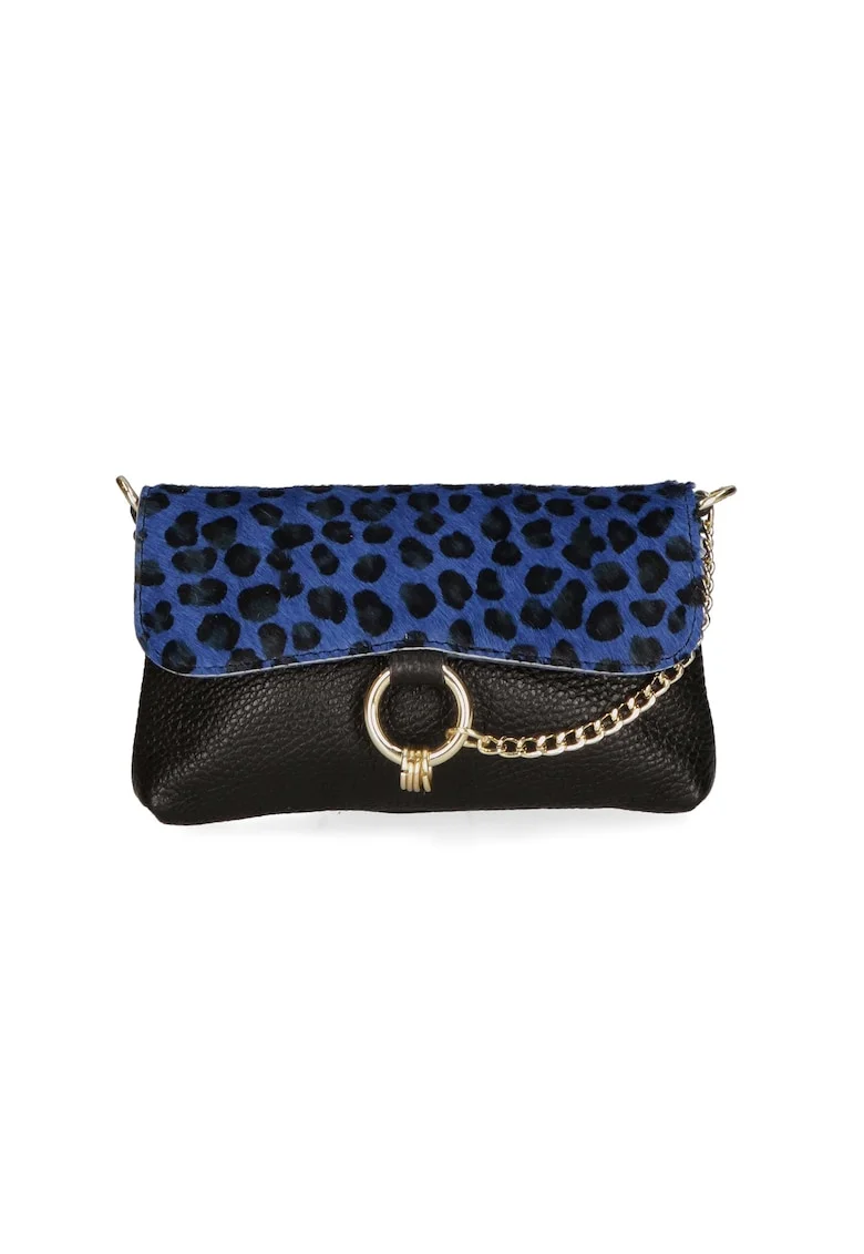 Geanta crossbody de piele cu model si lant decorativ, Negru/Albastru deschis