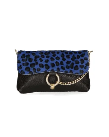 Geanta crossbody de piele cu model si lant decorativ, Negru/Albastru deschis
