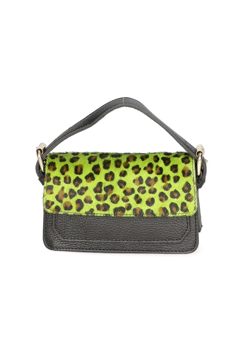 Geanta crossbody de piele si piele cu par scurt, Verde/Negru stins
