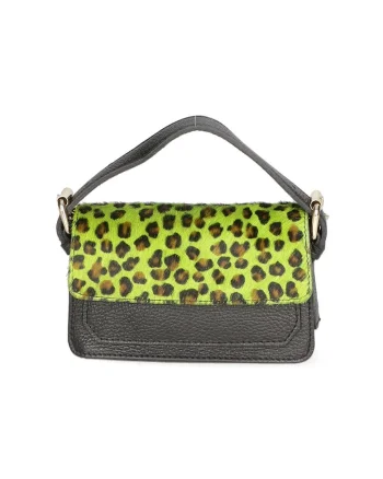 Geanta crossbody de piele si piele cu par scurt, Verde/Negru stins