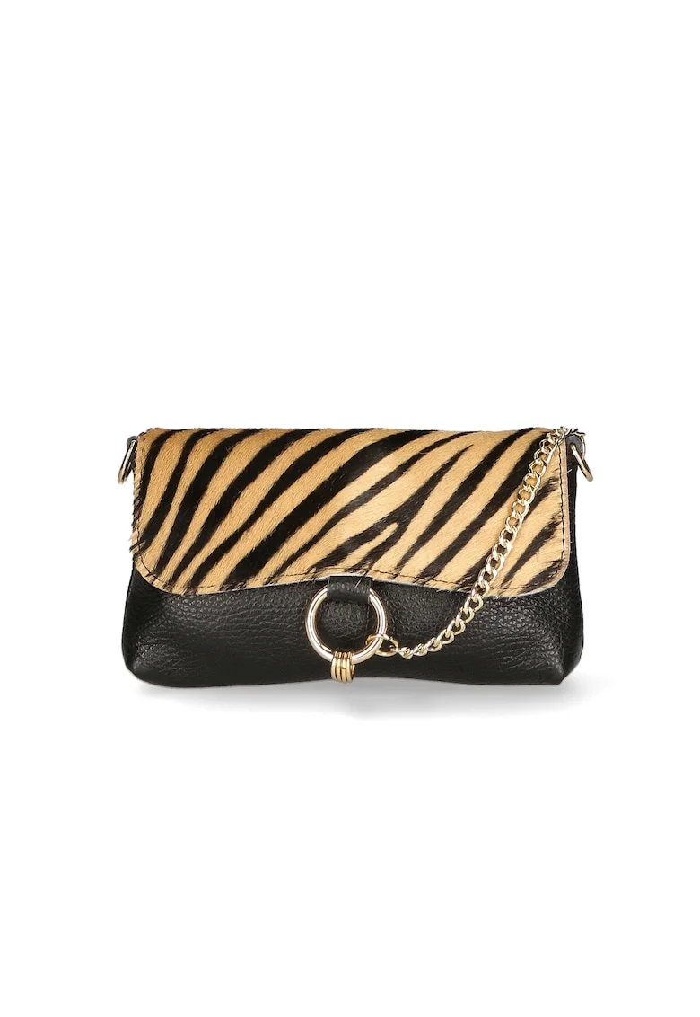 Geanta crossbody de piele cu model si lant decorativ, Negru/Bej