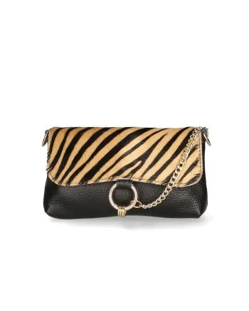 Geanta crossbody de piele cu model si lant decorativ, Negru/Bej