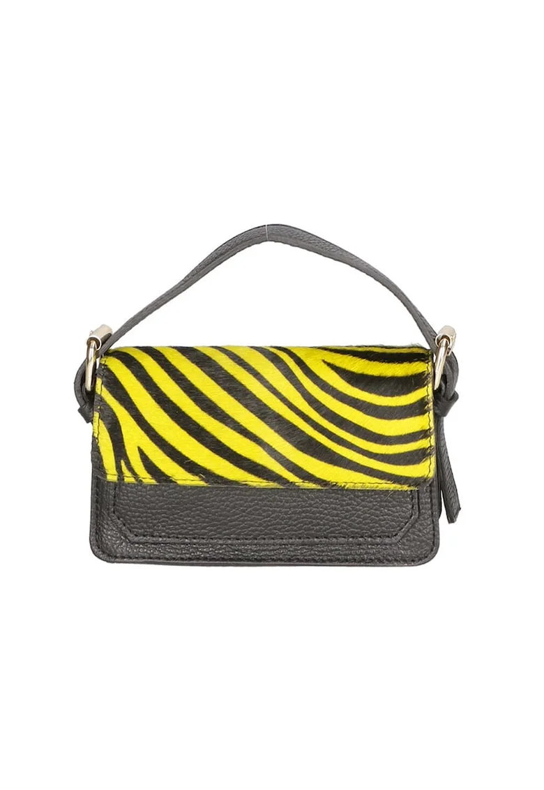 Geanta crossbody de piele si piele cu par scurt, Negru, Galben