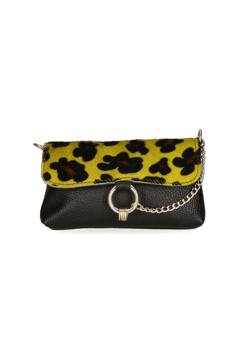 Geanta crossbody de piele cu model si lant decorativ, Negru/Maro/Galben
