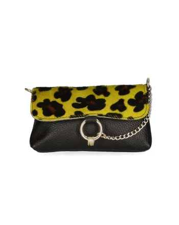 Geanta crossbody de piele cu model si lant decorativ, Negru/Maro/Galben