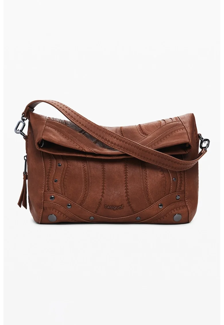 Geanta crossbody din piele ecologica cu aplicatii cu tinte, Maro scortisoara
