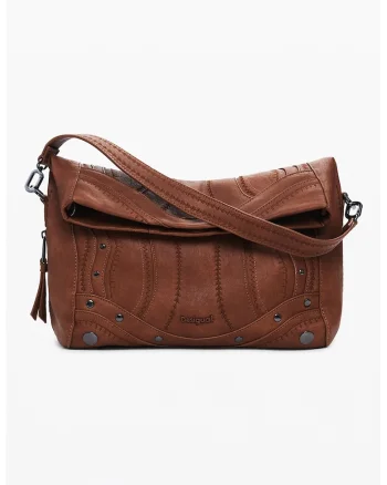 Geanta crossbody din piele ecologica cu aplicatii cu tinte, Maro scortisoara