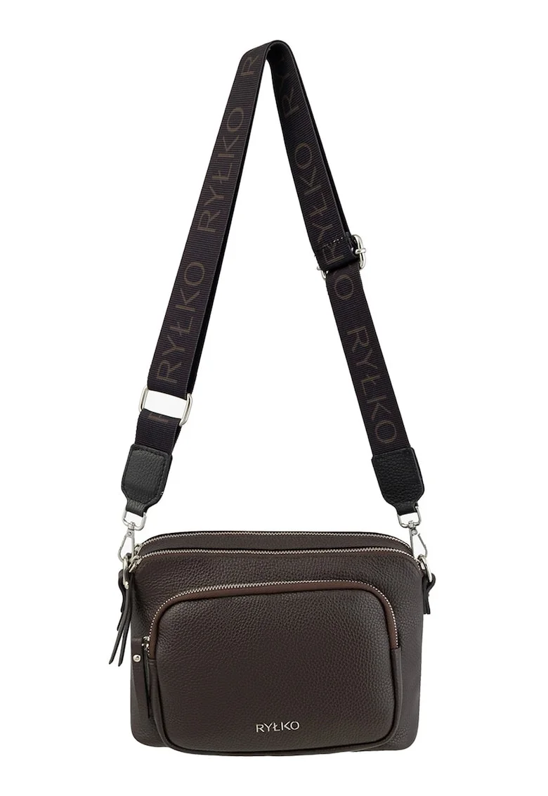 Geanta crossbody din piele cu buzunar exterior, Maro inchis