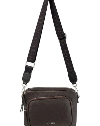 Geanta crossbody din piele cu buzunar exterior, Maro inchis