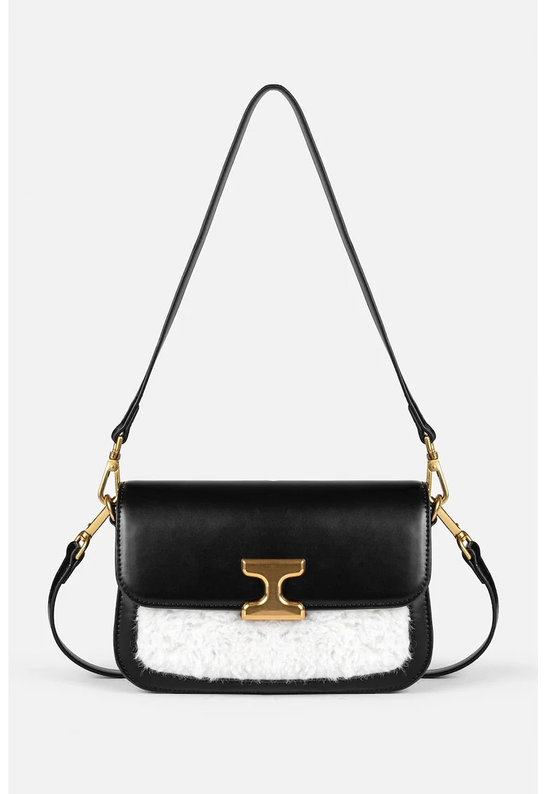 Geanta crossbody din piele ecologica cu garnitura din lana, Alb/Negru