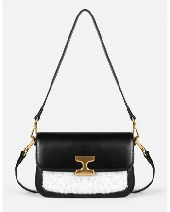 Geanta crossbody din piele ecologica cu garnitura din lana, Alb/Negru