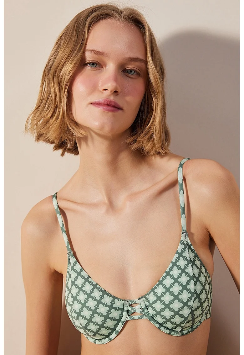 Sutien de baie cu model floral, Alb/Verde